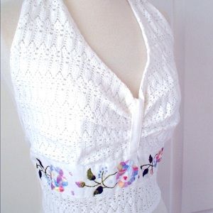 Vintage Mexico WHITE Crochet Embroidered HalterTop